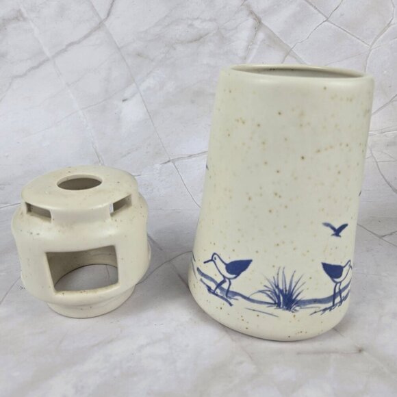 Vintage Sanibel Pottery 1984 Lighthouse Candle Holder Seabirds Cream Blue - Picture 8 of 14
